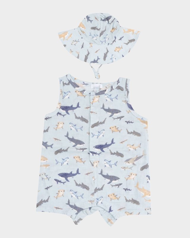 Boy's Shark-Print Playsuit & Sun Hat, Size 3M-24